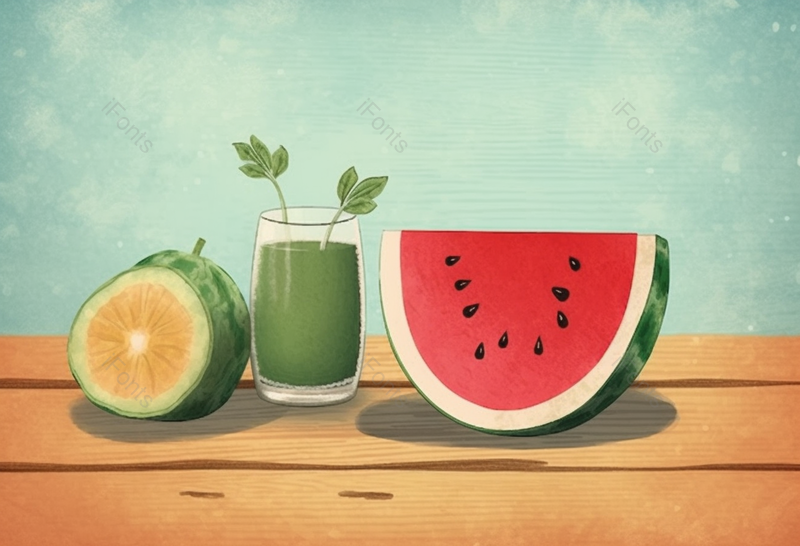 夏日里冰凉的西瓜放在桌面上创意插画设计素材,插画/手绘图,插画/手绘图库,插画/手绘图下载,插画/手绘